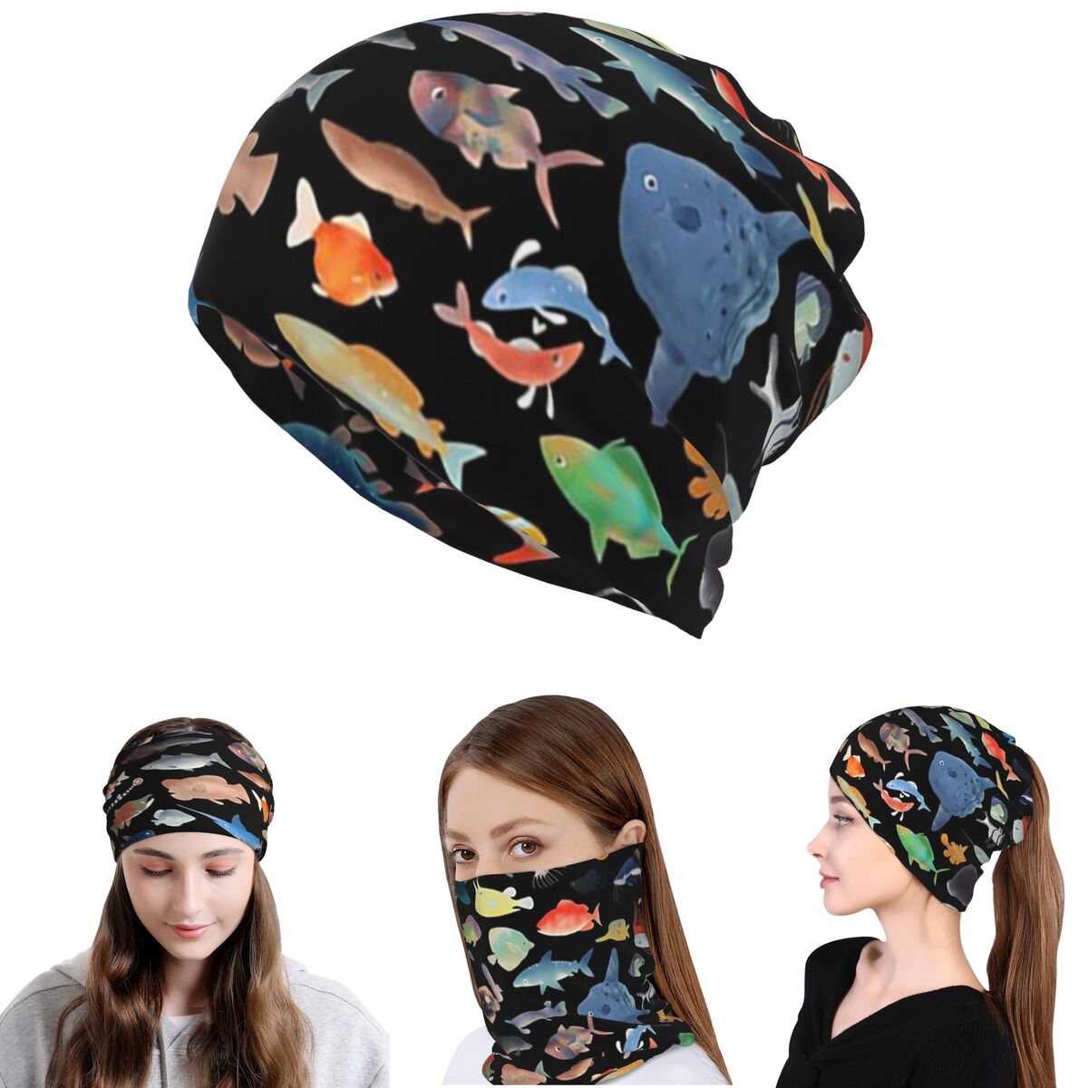 Knit Beanie Hat Warm - One Hundred Fish Ocean Life Scuba