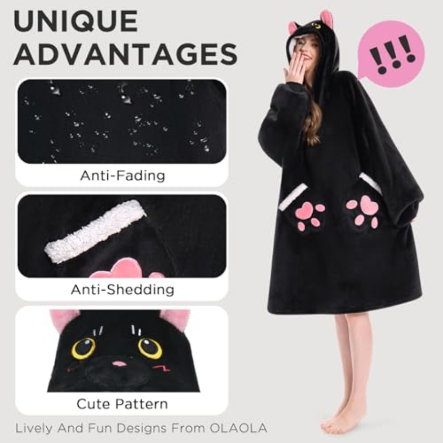 OLAOLA Black Cat Wearable Blan - Sherpa Hoodie Fleece ulasan dan harga