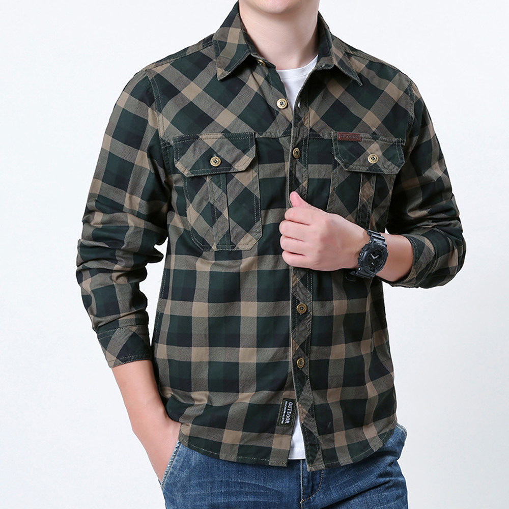 Spring Autumn Men's Cotton Pla - Flannel Shirt Lined ulasan dan harga
