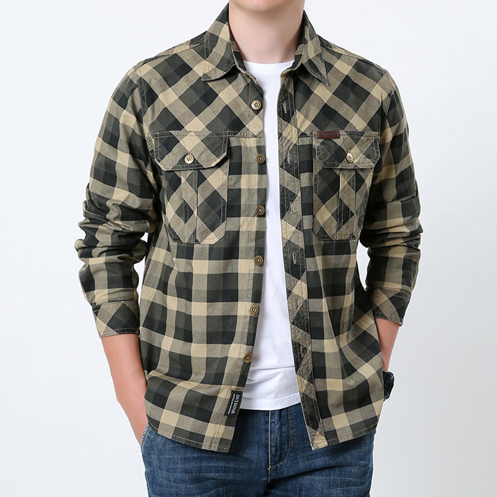 Spring Autumn Men's Cotton Pla - Flannel Shirt Lined ulasan dan harga