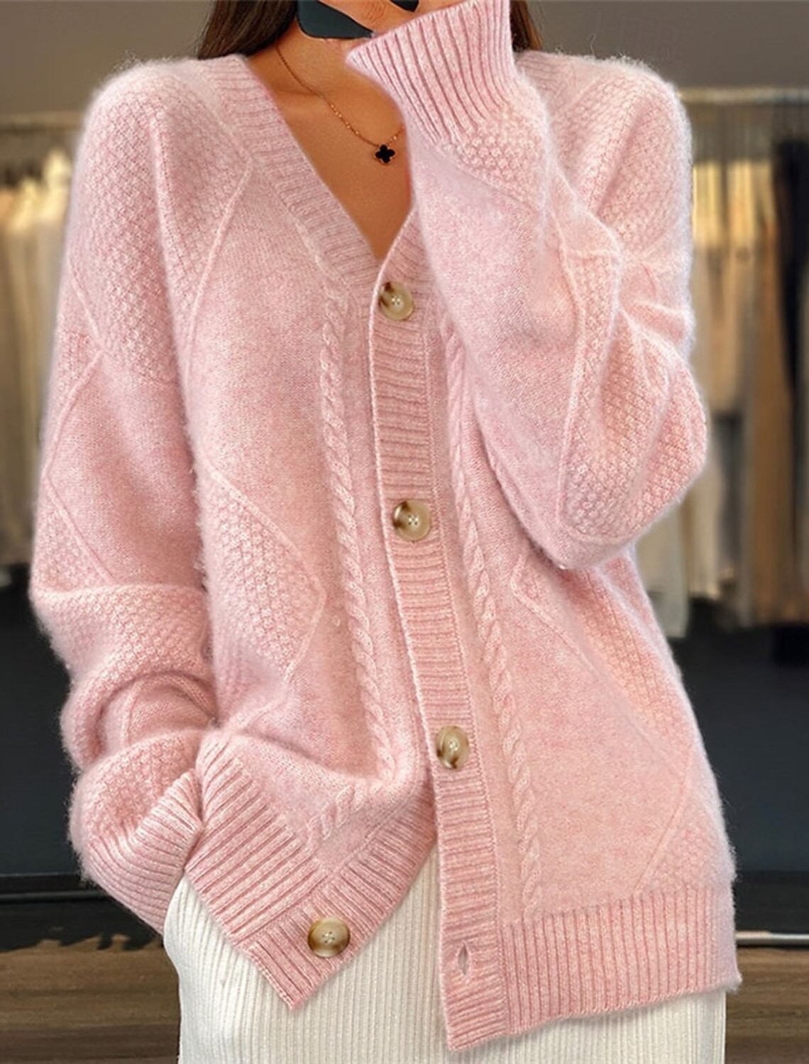 Women V Neck Cable Knit Cardig - Down Jacket Packable ulasan dan harga